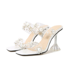 Opulent Pearl Embellished Clear Strap Square Toe PVC Mules - White