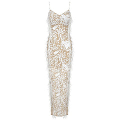 Opulent Pearl Sequined Floral Sweetheart Neck Back Slit Feather Trim Maxi Dress