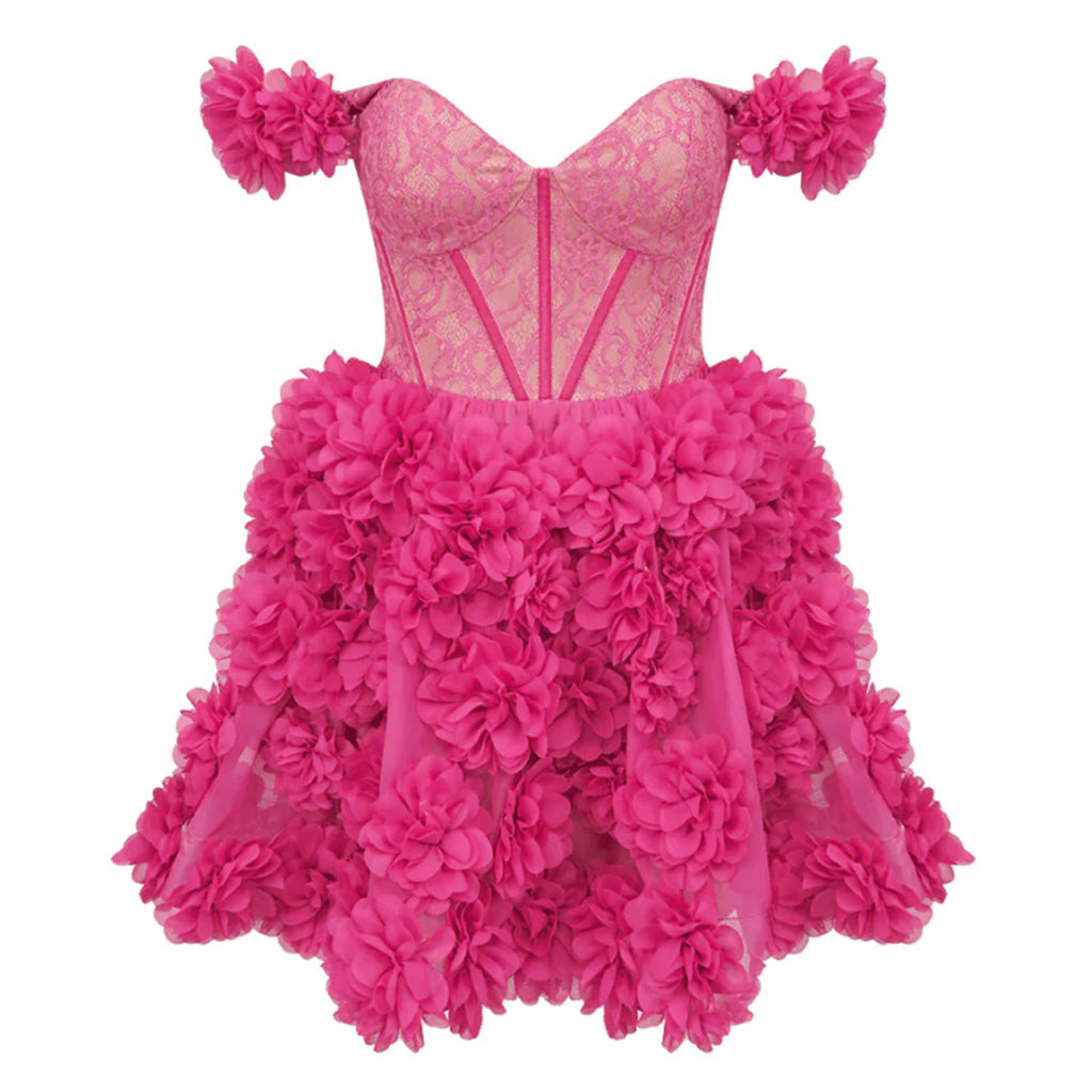 Opulent Sweetheart Off Shoulder Sheer Lace Corset High Waist Rosette Mini Dress