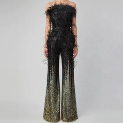 Opulent Wispy Feather Trim Strapless High Waist Wide Leg Ombre Sequin Jumpsuit