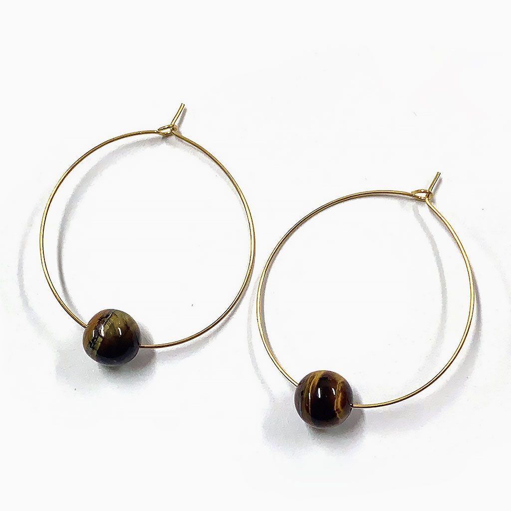 Oversized 18K Gold Plated Ring Tigers Eye Beaded Hoop Earrings