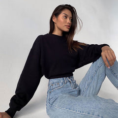 Oversized Drop Shoulder Long Sleeve Mock Neck Cropped Sweatshirt - Black