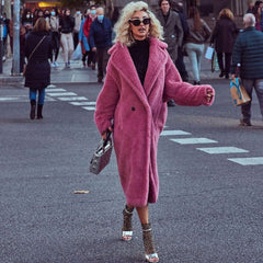 Oversized Lapel Double Breasted Faux Shearling Long Teddy Coat - Pink