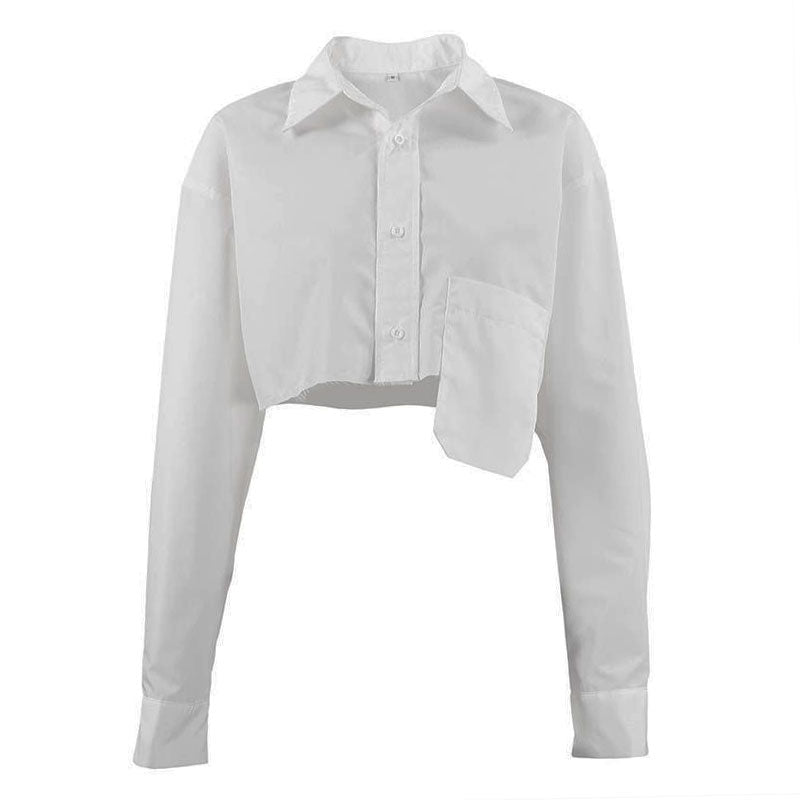 Oversized Long Sleeve Button Down Pointed Collar Cropped Shirt - White