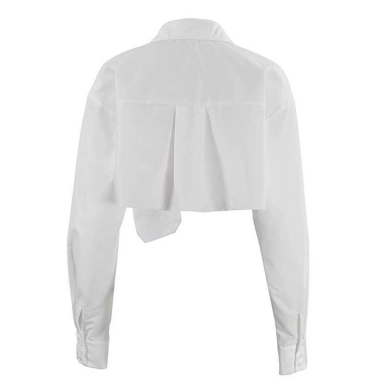 Oversized Long Sleeve Button Down Pointed Collar Cropped Shirt - White