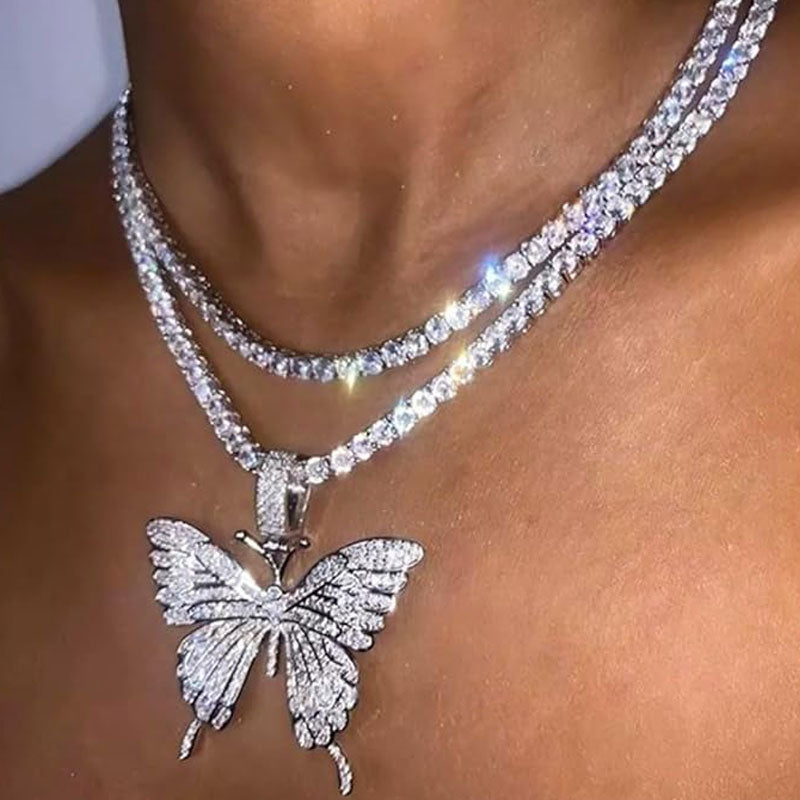 Oversized Pendant Paved Butterfly Stackable Crystal Tennis Necklace