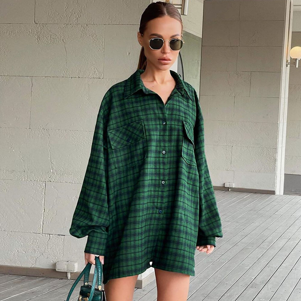 Oversized Plaid Drop Shoulder Bishop Sleeve Button Up Shirt - Emerald Green