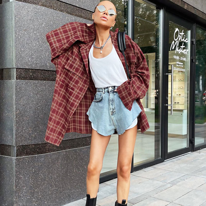 Oversized Plaid Print Button Up Bishop Sleeve Pointed Collar Shirt - Burgundy