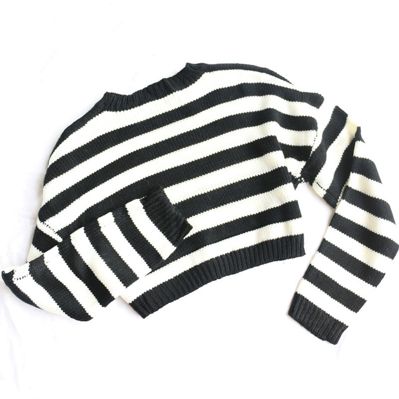 Oversized Pullover Long Sleeve Cropped Striped Sweater - Stripe