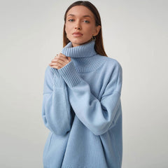 Oversized Rib Knit High Low Turtleneck Long Sleeve Sweater - Baby Blue