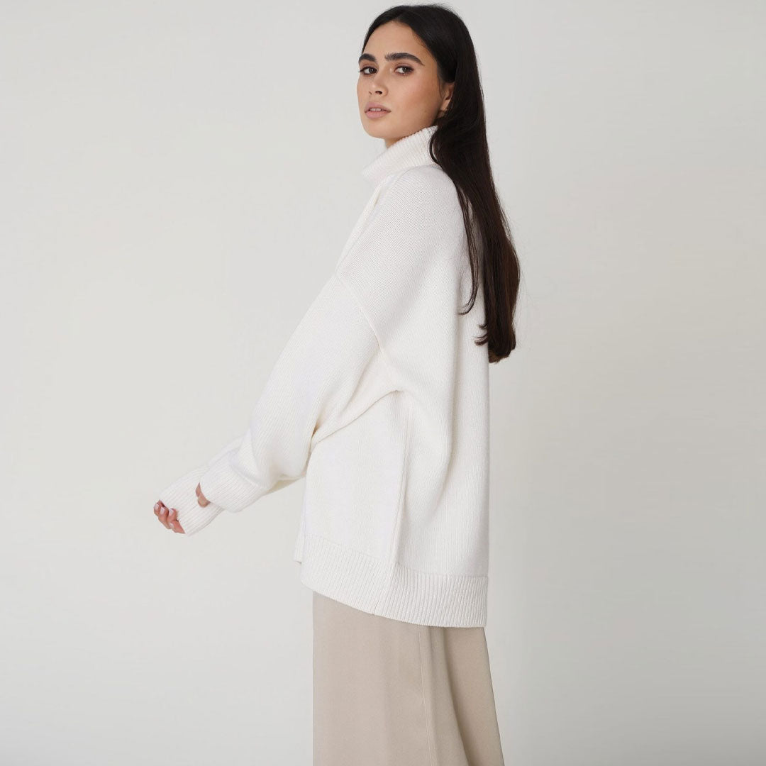 Oversized Rib Knit High Low Turtleneck Long Sleeve Sweater - White