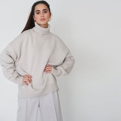 Oversized Rib Knit High Low Turtleneck Long Sleeve Sweater - Gray