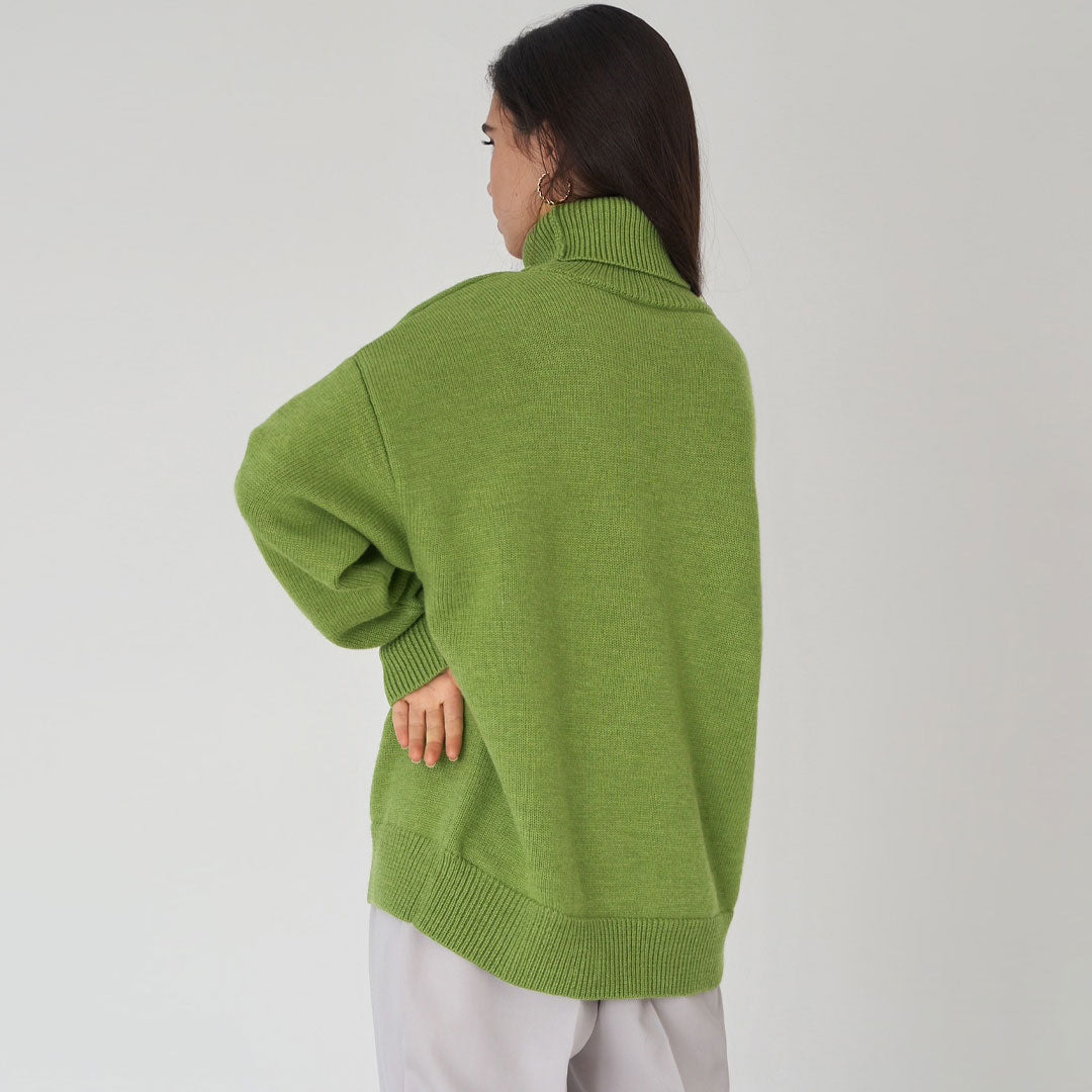 Oversized Rib Knit High Low Turtleneck Long Sleeve Sweater - Olive