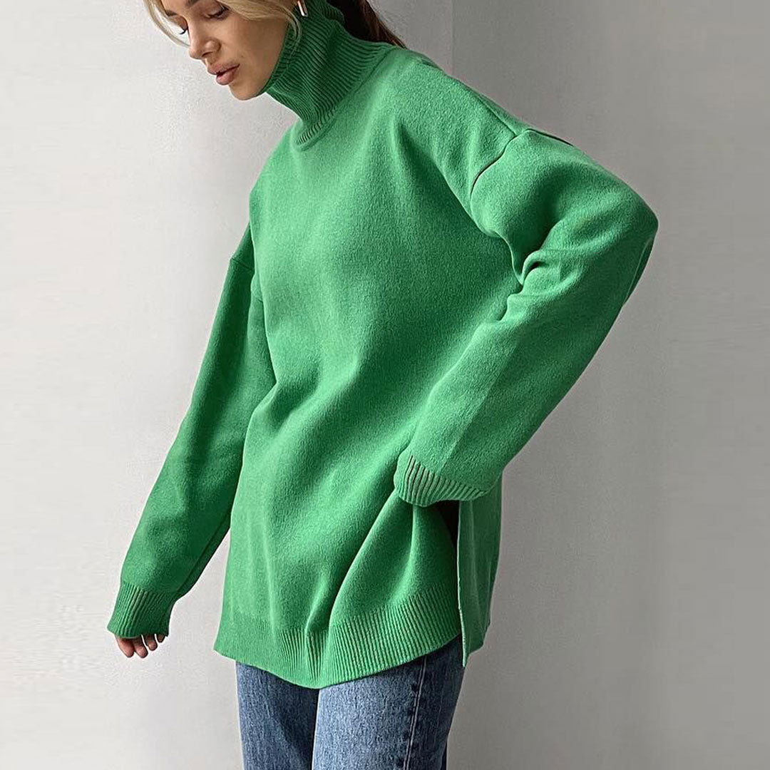 Oversized Turtleneck Long Sleeve Slit Trim Pullover Sweater - Green