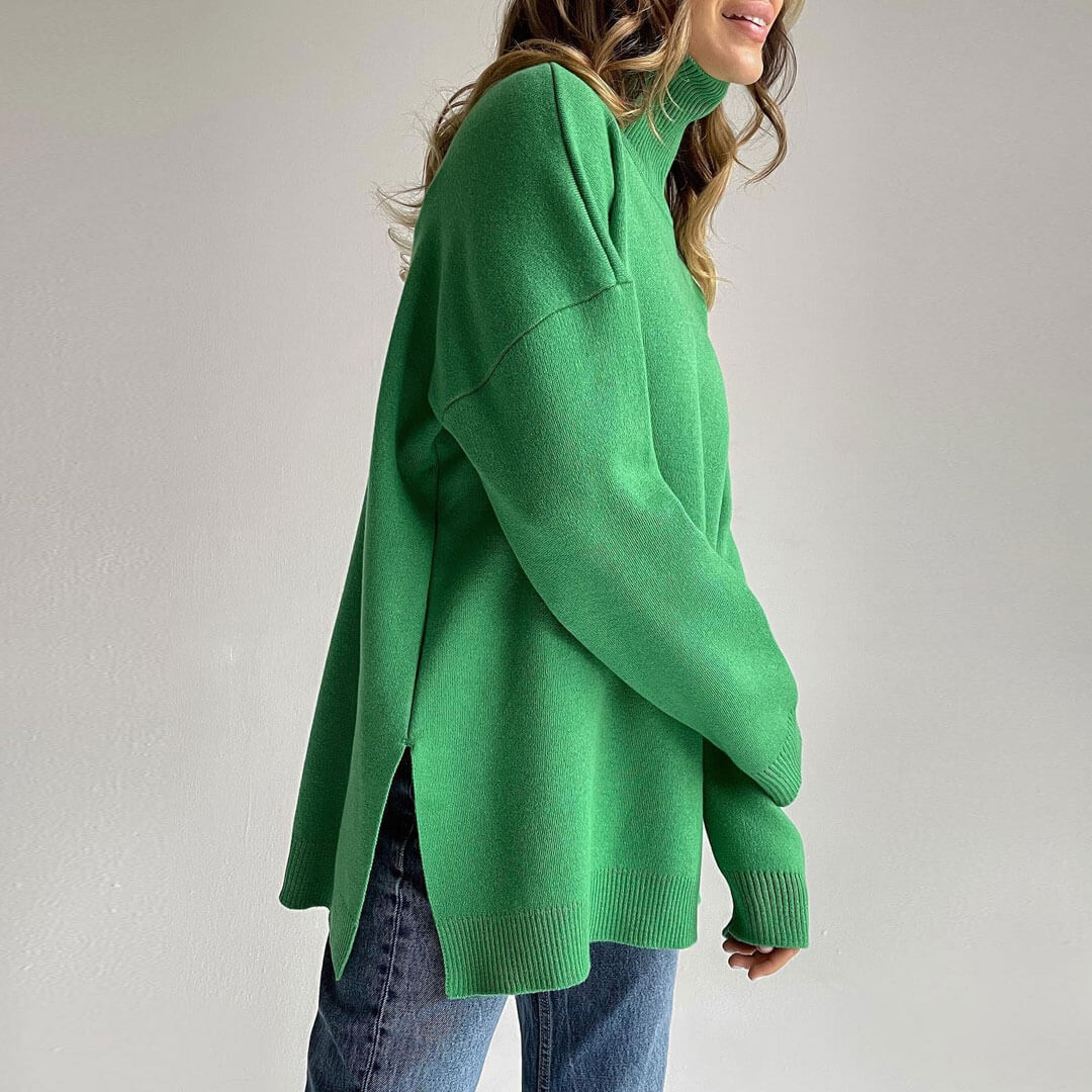 Oversized Turtleneck Long Sleeve Slit Trim Pullover Sweater - Green