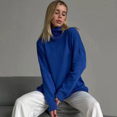 Oversized Turtleneck Long Sleeve Slit Trim Pullover Sweater - Royal Blue