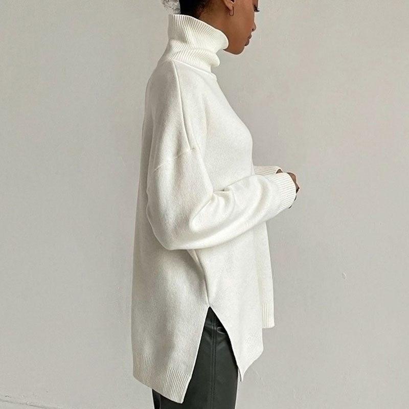 Oversized Turtleneck Long Sleeve Slit Trim Pullover Sweater - White