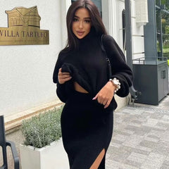 Oversized Turtleneck Sweater High Split Midi Skirt Matching Set - Black