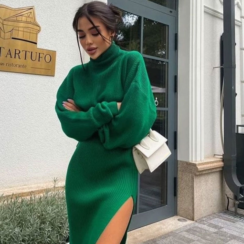 Oversized Turtleneck Sweater High Split Midi Skirt Matching Set - Emerald Green