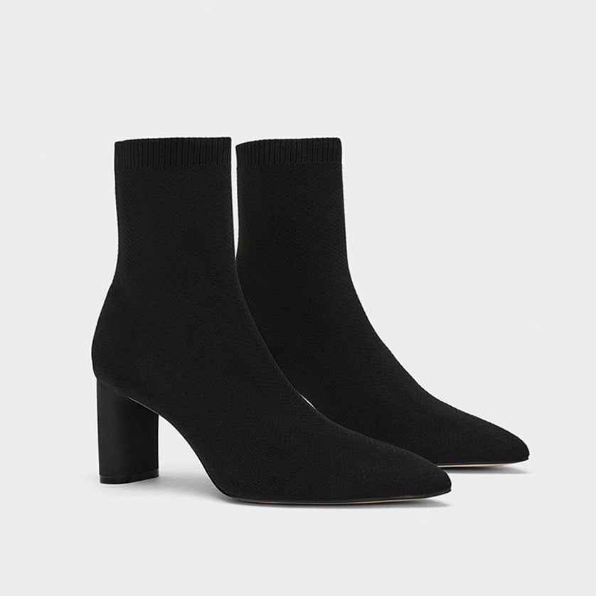 Elegant Pointed Toe Chunky Heel Mid Calf Sock Boots - Black