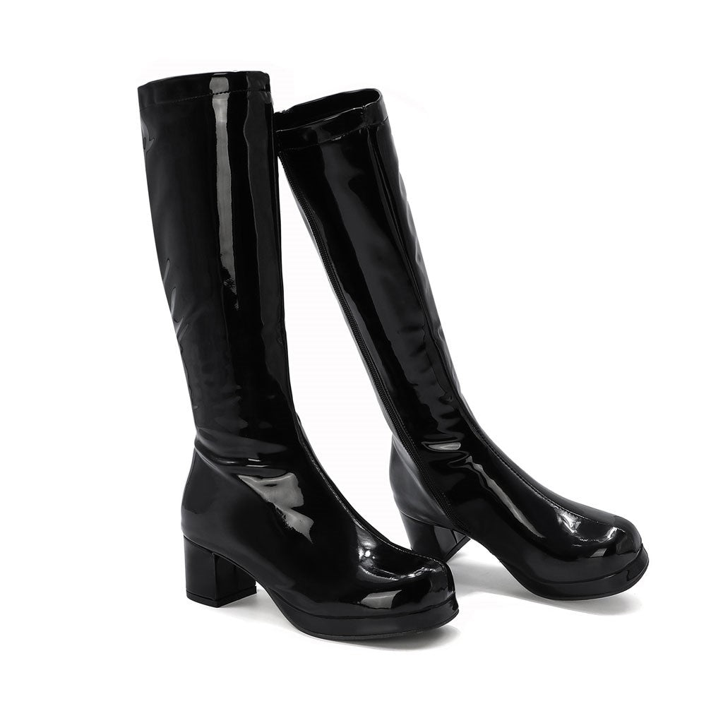 Polished Round Toe Platform Chunky Heel Mid Calf Boots - Black