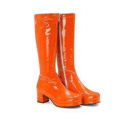 Polished Round Toe Platform Chunky Heel Mid Calf Boots - Orange