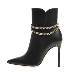 Powerful Pointed Toe Chain Strap High Heel Ankle Boots - Black