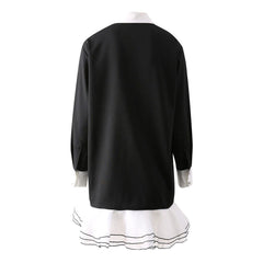 Preppy Color Block Collar Button Up Organza Ruffle Mermaid Crepe Mini Shirt Dress