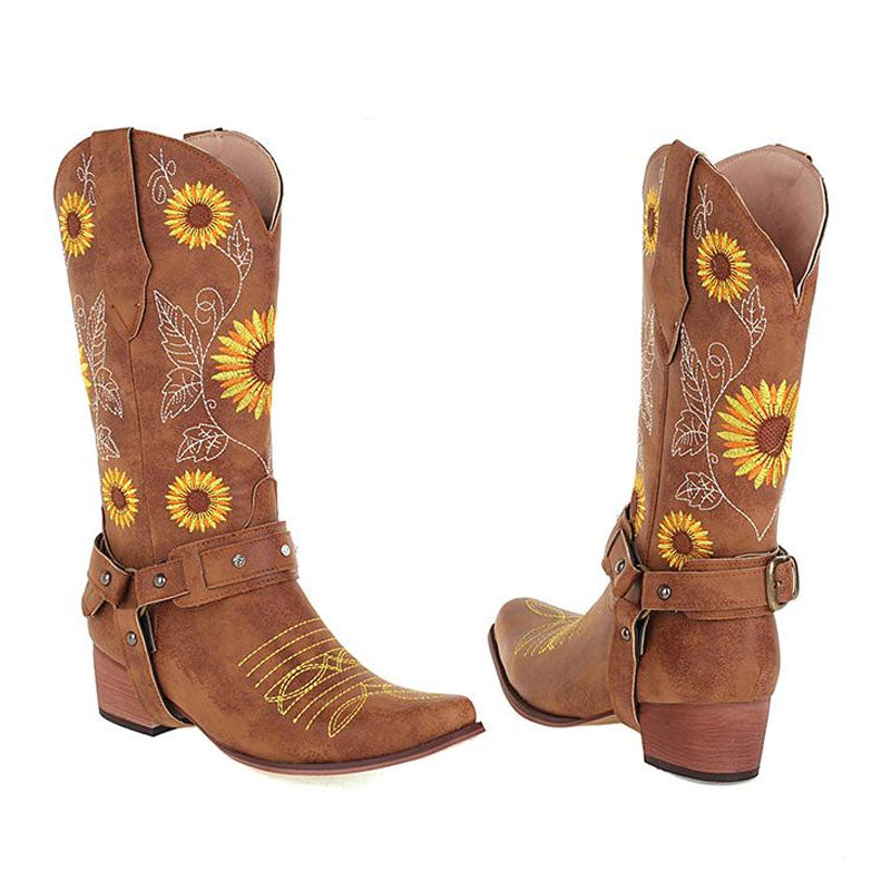 Pretty Sunflower Embroidered Square Toe Chunky Heel Western Boots - Brown