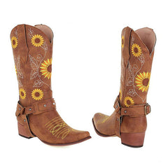 Pretty Sunflower Embroidered Square Toe Chunky Heel Western Boots - Brown