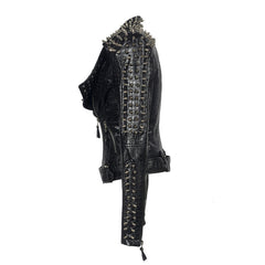 Metallic Spike Zip Up Long Sleeve Crocodile Embossed Vegan Leather Biker Jacket