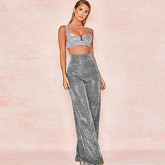 Retro Glittering High Waist Zipper Back Loose Wide Leg Pants - Black