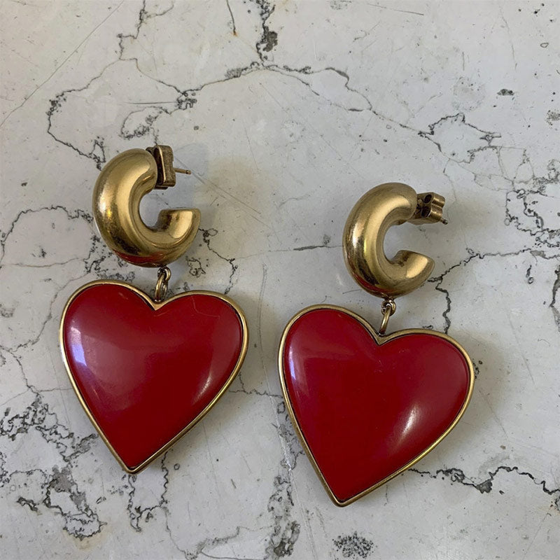 Retro Gold Vermeil Sweetheart Drop Earrings - Red