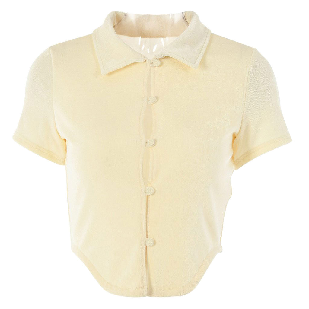 Retro Style Collared Short Sleeve Button Up Crop Top - Beige