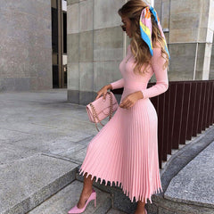 Ribbed Long Sleeve High Neck Knit Pleated Midi Sweater Dress - Pink