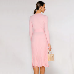 Ribbed Long Sleeve High Neck Knit Pleated Midi Sweater Dress - Pink