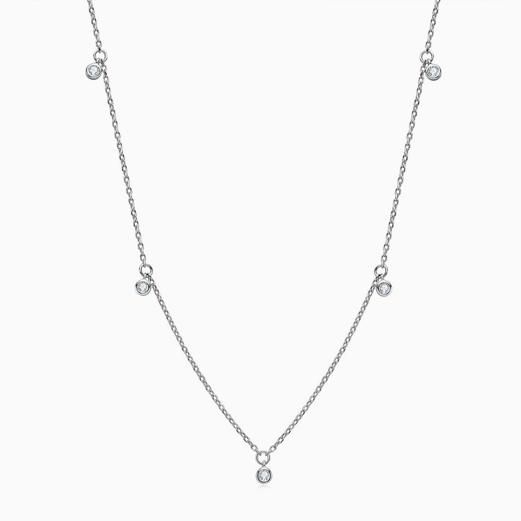 Rolo Chain Rhodium Plated Sterling Silver Dangle Moissanite Droplet Station Necklace