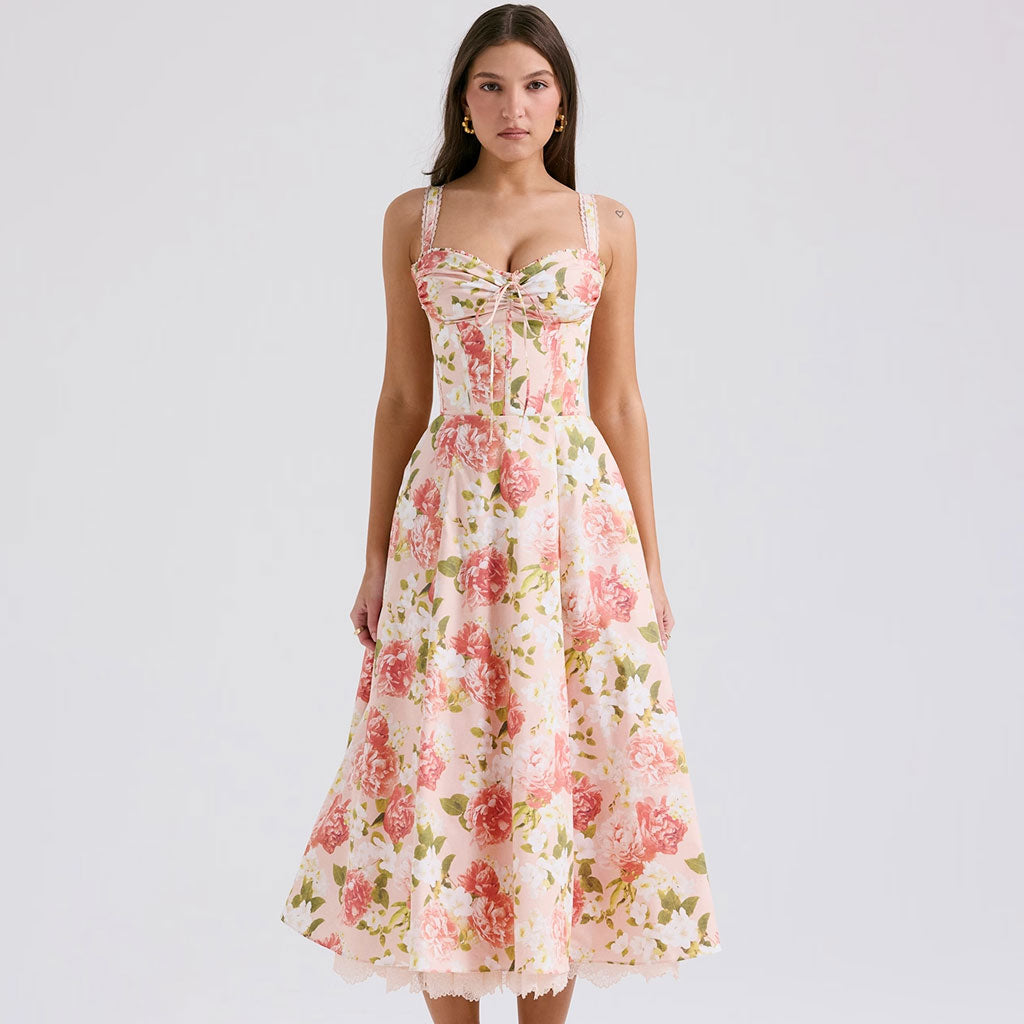 Romantic Bow Tie Bustier Corset Layered Tulle Floral Print Midi Sundress