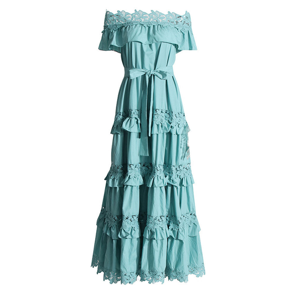 Romantic Ruffle Off Shoulder Tie Waist Guipure Lace Tiered Maxi Dress