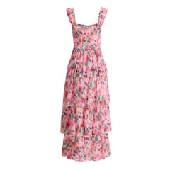 Romantic Square Neck Layered Ruffle Floral Print Midi Smocked Sundress