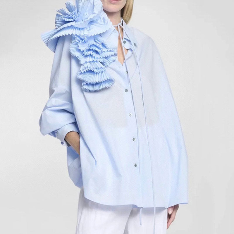 Sculptural Pleated Petal Pointed Collar Long Sleeve Button Down Oversized Shirt