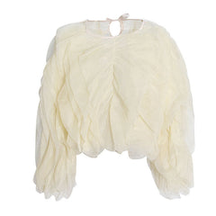 Semi Sheer Chiffon Layered Ruffle Puff Sleeve Round Neck Cropped Blouse