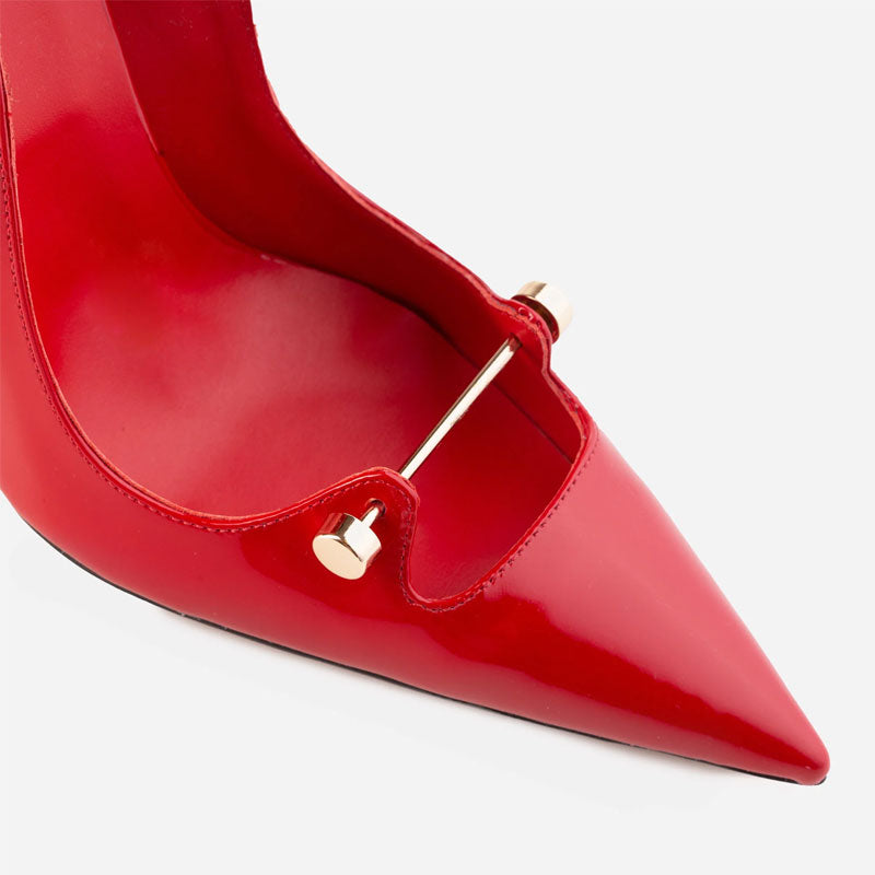 Sensual Metal Bar Detail Pointed Toe Patent Leather Stiletto Pumps - Red