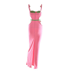 Sexy Contrast Color Shells Sleeveless Cutout Prom Maxi Dress - Pink