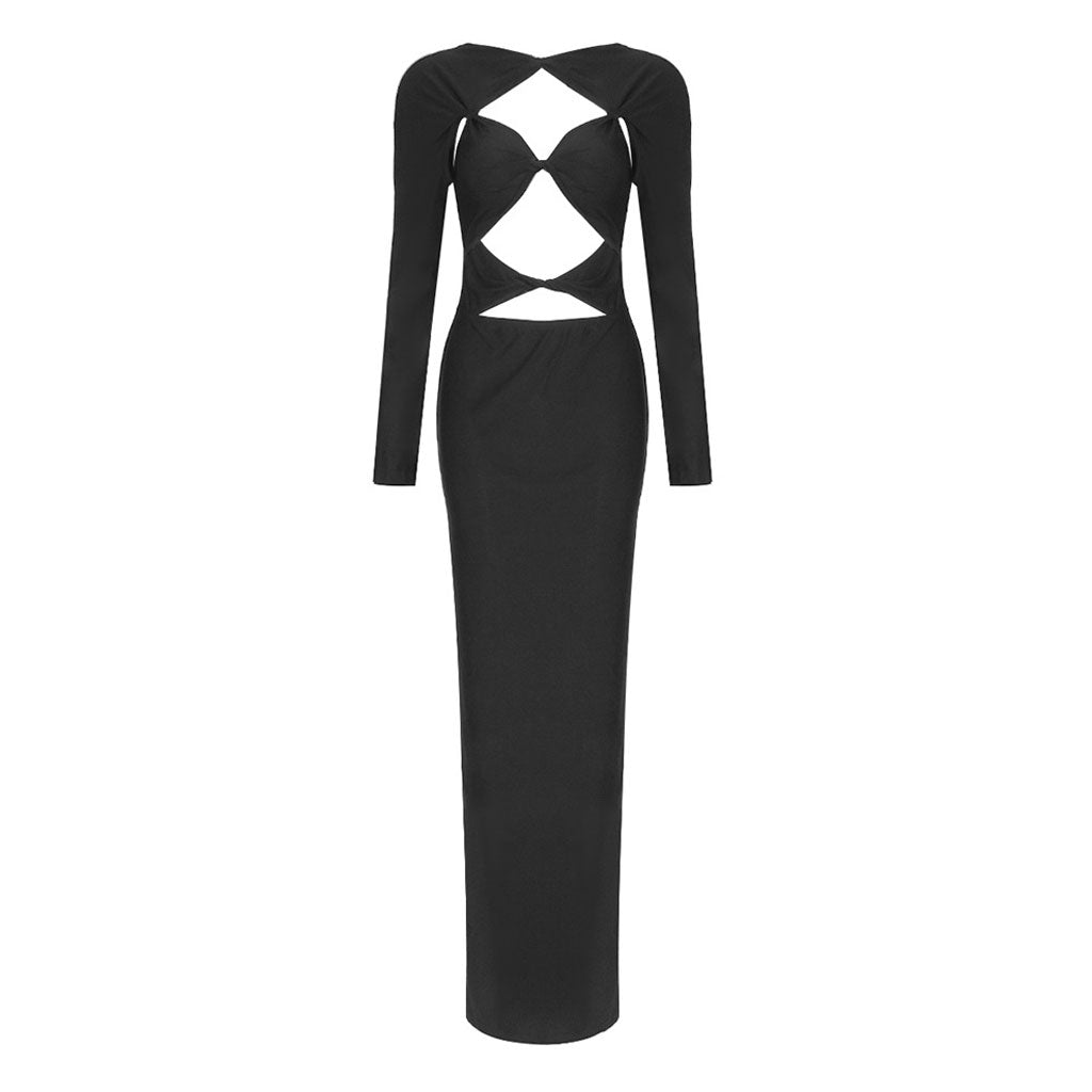 Sexy Crew Neck Knotted Twist Cutout Long Sleeve Thigh Split Maxi Evening Dress