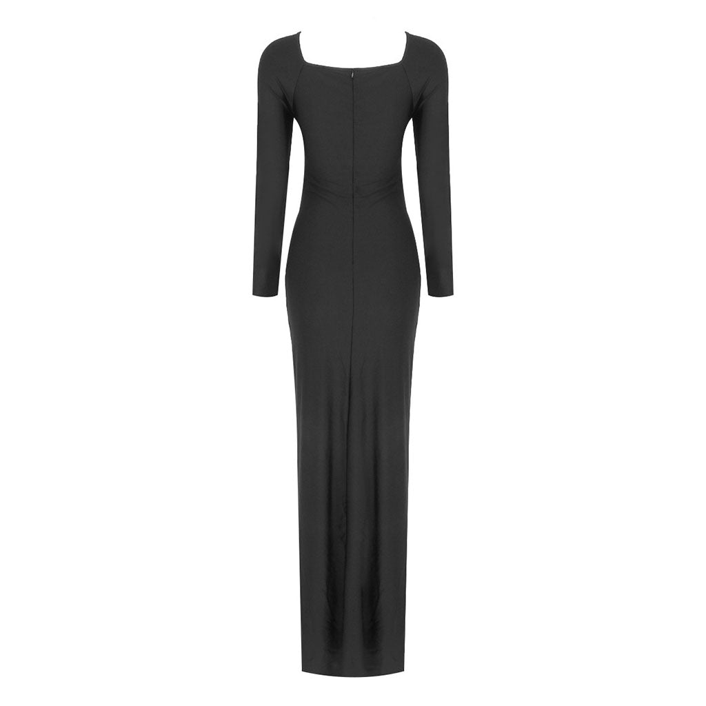 Sexy Crew Neck Knotted Twist Cutout Long Sleeve Thigh Split Maxi Evening Dress