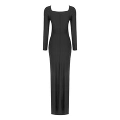 Sexy Crew Neck Knotted Twist Cutout Long Sleeve Thigh Split Maxi Evening Dress