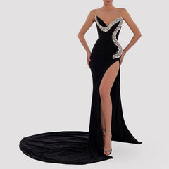 Sexy Crystal Trim Plunging Strapless Thigh Split Velvet Evening Maxi Dress