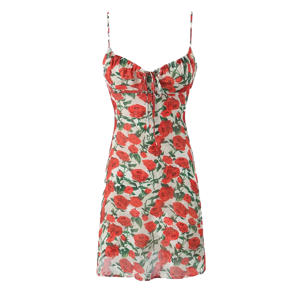 Sexy Floral Print Bow Tie Sweetheart Spaghetti Strap Chiffon Mini Sundress