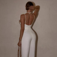 Sexy Golden Crystal Sequined Plunge Halter Wild Leg Sleeveless Tailored Jumpsuit